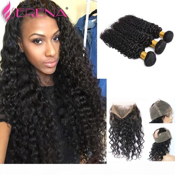 

brazilian natural curly 360 lace frontal closure with bundles human hair 360 full lace frontal closure virgin hair weave bundles, Black;brown