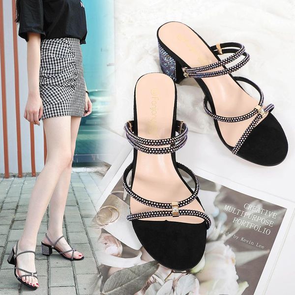 

dress shoes square heels sandals women summer slippers slide narrow band open toe rhinestones crystal high wedding sandales, Black