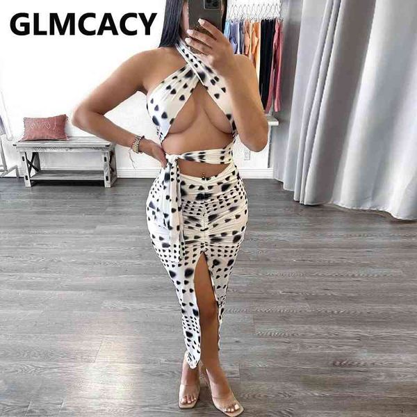 

two piece polka dot dress suits crop & slit skirt set 210702, White