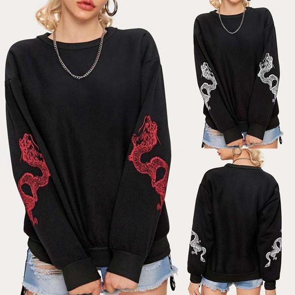 

women's hoodies & sweatshirts autumn women sweatshirt dragon print long sleeve o-neck fashion ladies loose jumper pullover casual, Black