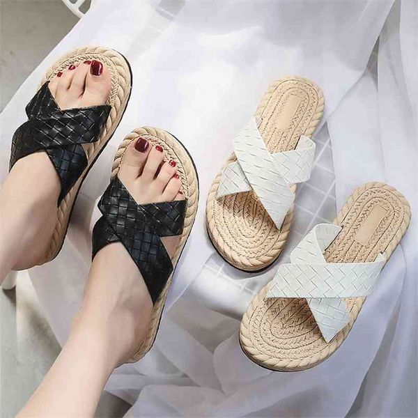 

summer casual slides trend women faux hemp cross strap flat heel sewing outdoor beach fashion slippers leisure ladies shoes 210619, Black