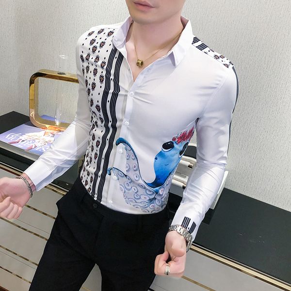 

autumn new fashion 2021 fingerprint white shirts for korean men's clothing fine long-sleeve fitting of men wearing 3xl i6sr, White;black