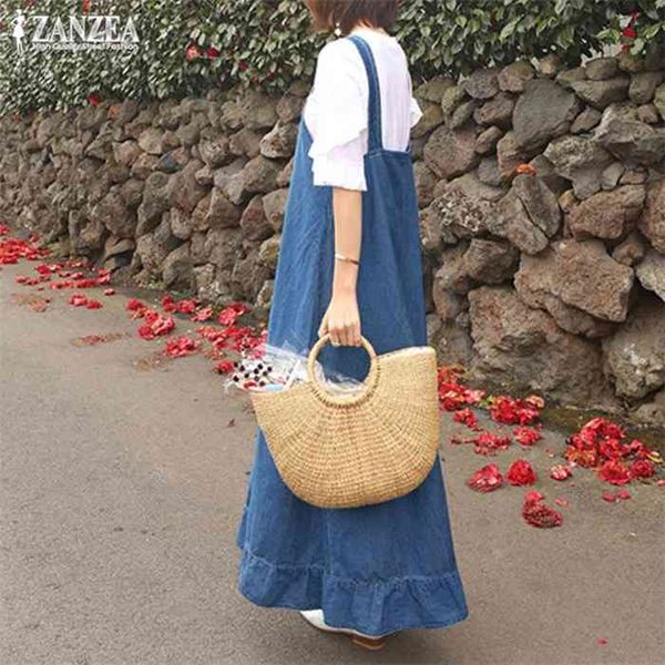 

zanzea 2021 flounce overalls dress womens sundress stylish elegant button summer denim bluemaxi vestidos female robe plus size, Black;gray