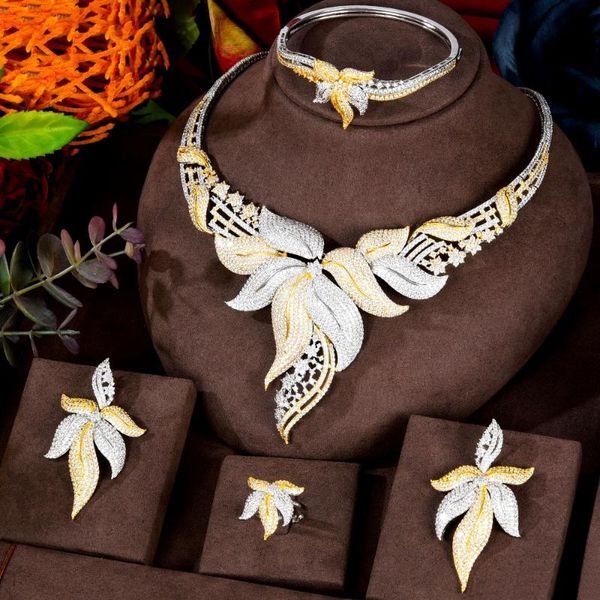 

earrings & necklace godki luxury party queen leaves 4pcs nigerian jewelry set for women wedding zircon african bridal 2021, Silver