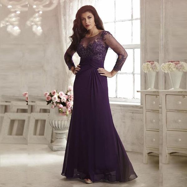 Roxo mangas compridas rendas mãe dos vestidos de noiva apliques o chão comprimento colher pescoço chiffon noite vestidos de baile