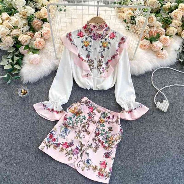 

style retro printing western style skirt suit two-piece suit ladies temperament ladies shirt all-match skirt trend 210730, White