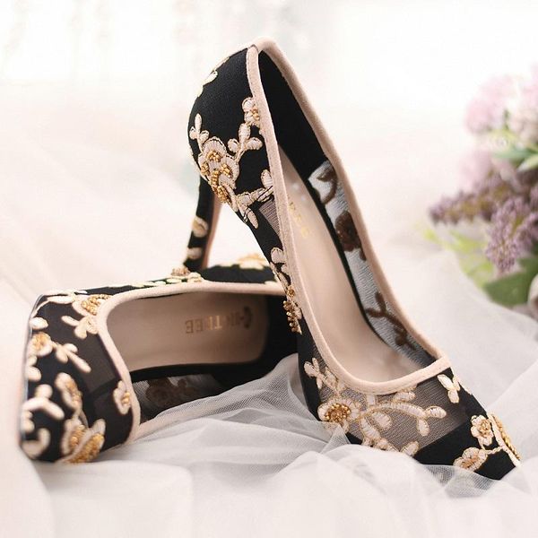 

dress shoes summer style black stiletto embroidered pointed toe all-match female wedding banquet shallow mouth lace sandals