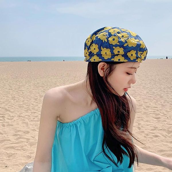 

berets fashion trend hat female summer thin section street shooting painter flower embroidery beret korean version, Blue;gray