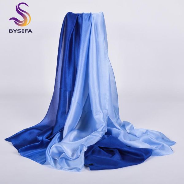 

scarves [bysifa] blue gradient silk scarf shawl women long satin brand spring simple plain muslim head 180*90cm, Blue;gray