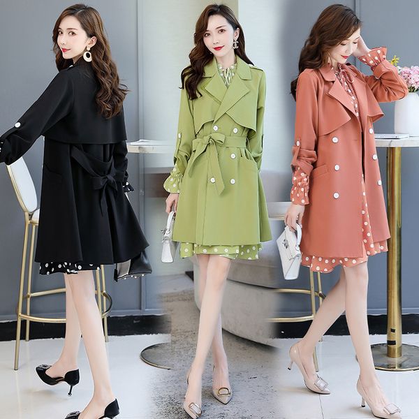 

spring and fall with long overdrive jacket new sweet temperament dot imprint dress up in the waistline of two-piece women locm, White