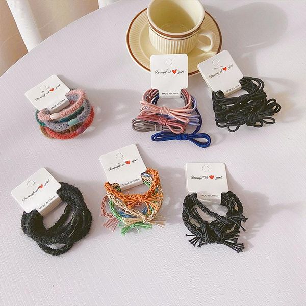 

hair accessories 5 pcs/set solid rubber bands braided twist bowknot furry high elastic for children girls ponytail holder, Slivery;white