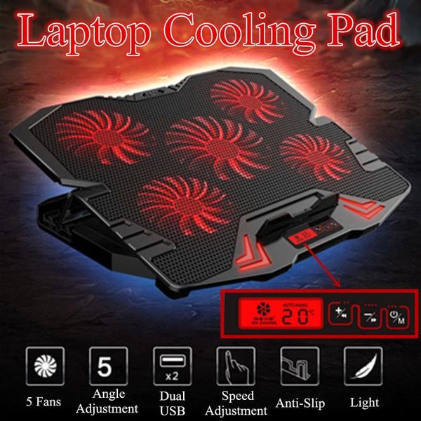 

lapcooling pads cooler 5 fans pad 2 usb port with led screen 2400rpm for 12-17 inch gaming stand