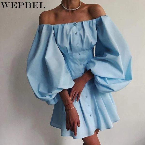 

ethnic clothing wepbel women's casual puff sleeve slash neck single-breasted high waist dress spring and autumn solid color slim, Red