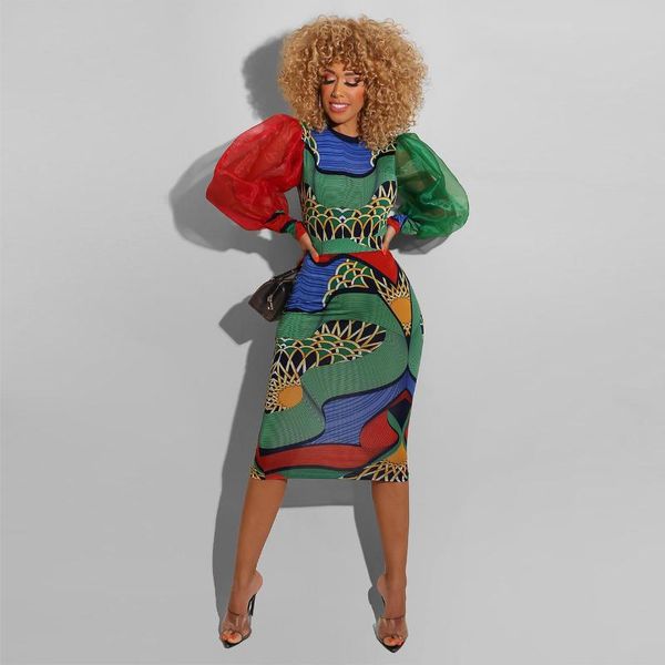 

casual dresses 2021 fashion print lantern sleeve wrapped chest hip slim temperament dress, Black;gray