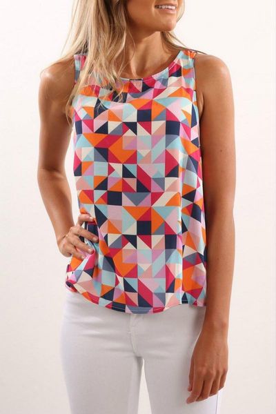 

women's blouses & shirts geometric print sleeveless t shirt 2021 women summer vest tee casual t-shirt, White