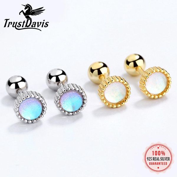 

stud trustdavis real 925 sterling silver sweet round moonstone screw earrings for women children baby girls minimalist jewelry db1428, Golden;silver