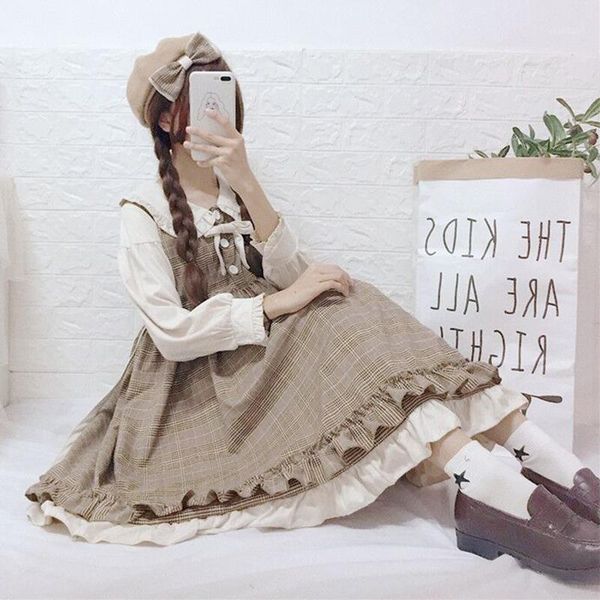 

sannian women dress doll collar plaid long sleeve spring and autumn loli fake two-piece mori girl princess dresses casual, Black;gray