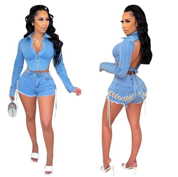 

women's tracksuits sylph two piece sets hollowed-out denim long sleeve shorts suit for women 2021 autumn fashionable backless 2 outfits, Gray