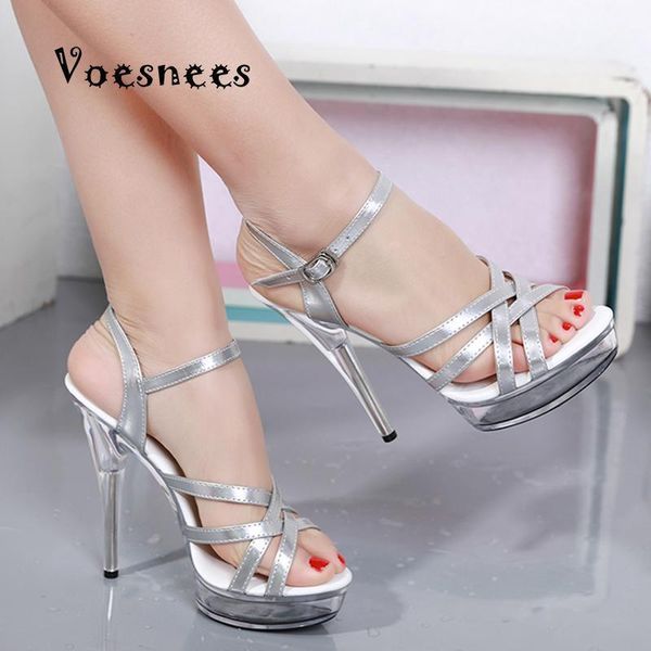 Kleidschuhe Voesnees High Heels Frauen 2021 Transparente Sandalen Frau Knöchelriemen Feste dünne Stripper Pole Dance High-Heeled Schuh