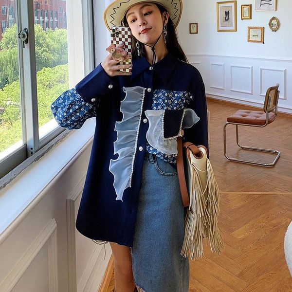 

women's blouses & shirts [ewq] korea chic blouse women autumn 2021 laple loose single breasted print gauze spliced long sleeve shirt fe, White