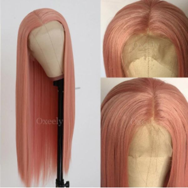 

synthetic wigs pink colored silky straight lace front wig for black women with baby hair middle ratio high resistant fiber