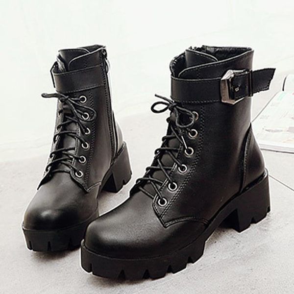

boots women ankle ladies black shoes chunky heel fashion pu leather buckle non slip platform army short boot shoe female1