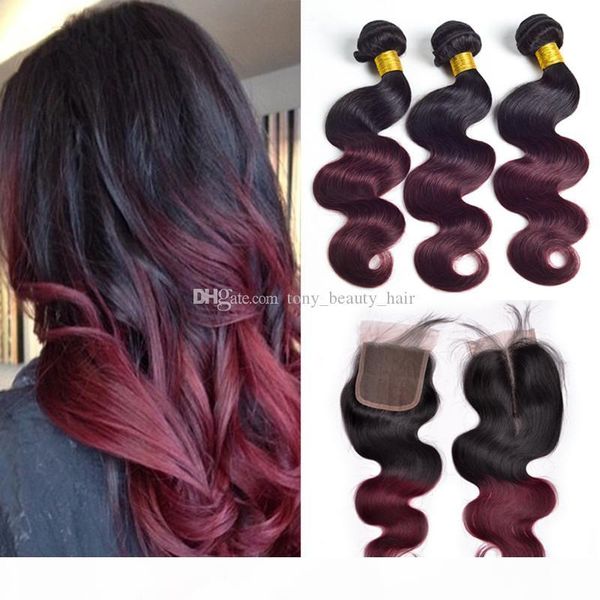 

1b burgundy 9a malaysian virgin hair body wave 3 bundles with 1pc lace closure wine red 99j wavy human hair extensions with closure, Black