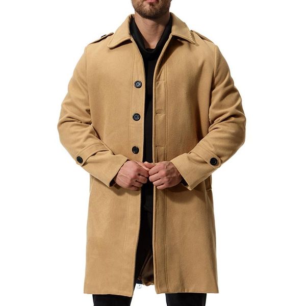 

men's wool & blends autumn winter coat long/solid color business lapel simple and versatile single breasted blended windbreaker for men, Black