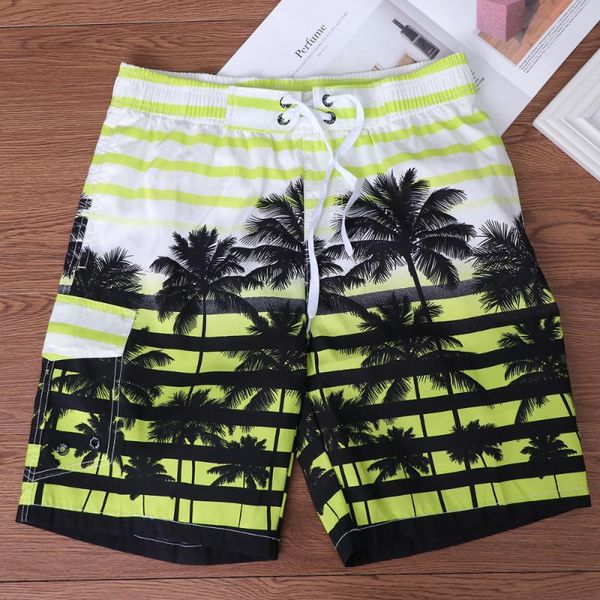 

men fast dry beach shorts palm tree casual surfing swimming trunks with pockets - size (yellow)