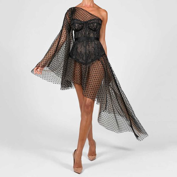 

summer ladies nne-shoulder polka dot lace perspective stitching bat sleeve asymmetric star dress vestidos 210527, Black;gray