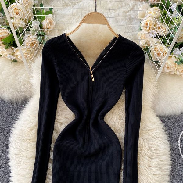 

women knitted pencil dress chic zipper v neck long sleeve bodycon jumper autumn winter slim short sweater dresses, Black;gray