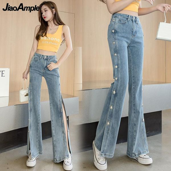

women's jeans 2021 women spring summer fashion split denim long pant korean high waist slim button flare pants lady trendy blue trouser