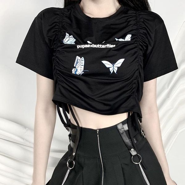 

women's t-shirt black dark goth woman drawstring short t-shirts 2021 lady butterfly print hipster tshirt gothic punk cool basic hip- se, White