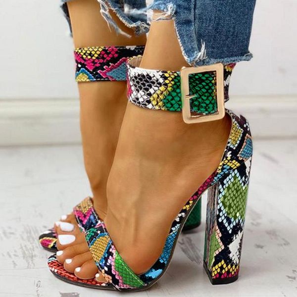 

dress shoes fashion summer women's snake pattern graffiti roman sandals thick with retro color leather word high heel sandals#a3, Black