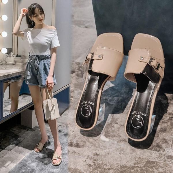 

slippers pure color thick heel sandals and for women's summer wear, 2021 transparent all-match fashion high heels, Black