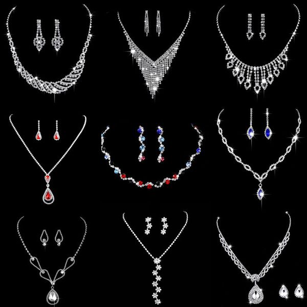 

bride jewelry sets earrings & necklace 2pcs/set fashion white colorful rhinestone pearl series for women wedding banquet, Silver