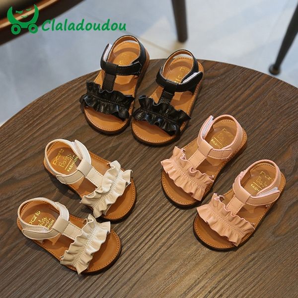 

claladoudou 12-16cm kids sandals pink beige pure summer girls sandal ruffles princess shoes anti-slip baby sandal toddler 210226, Black;red