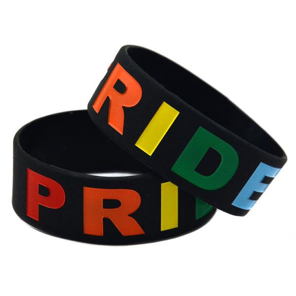 

charm bracelets 1pc one inch wide debossed rainbow color pride silicone bracelet, Golden;silver