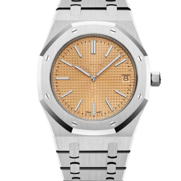 

wristwatches men's watch automatic mechanical watch15202 orange dial 39mm diameter stainless steel strap 1:1, Slivery;brown