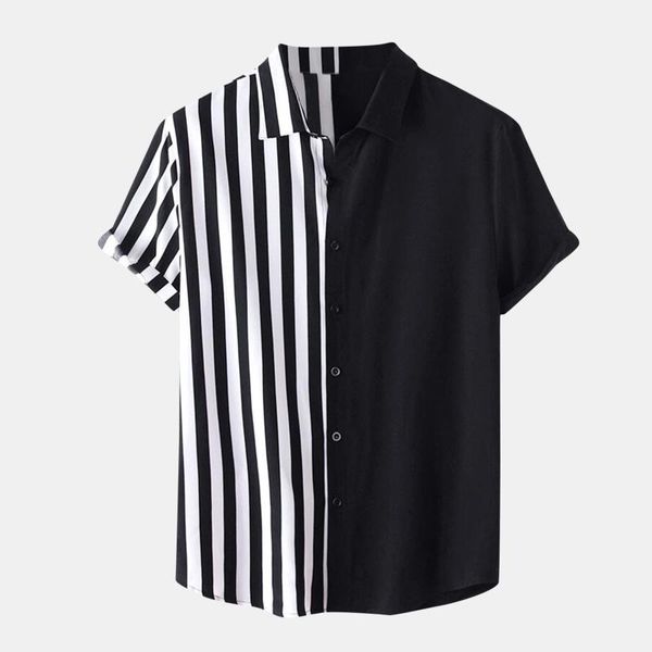 

men's casual shirts men stripe print splice short sleeve button turn-down collar design shirt for clothing breathable men's, White;black