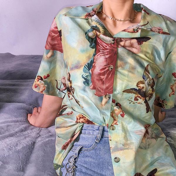 

harajuku cupid angel print summer women blouse vintage casual loose short sleeve shirt female streetwear, White