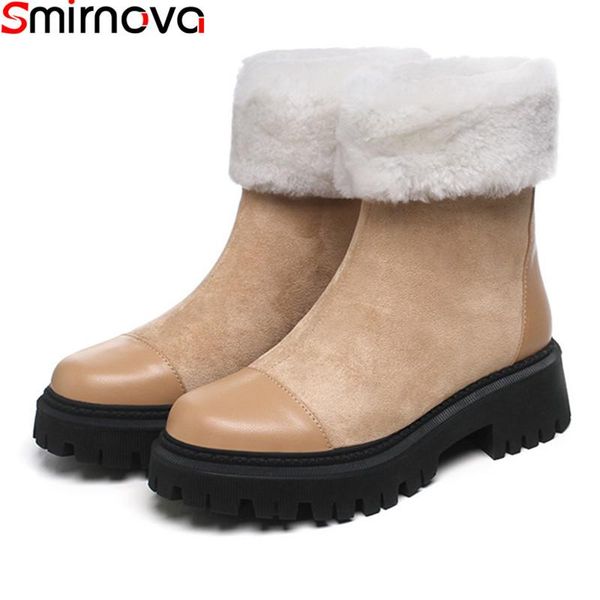 

boots smirnova 2021 arrival fashion women genuine leather square heels round toe keep warm ankle black apricot