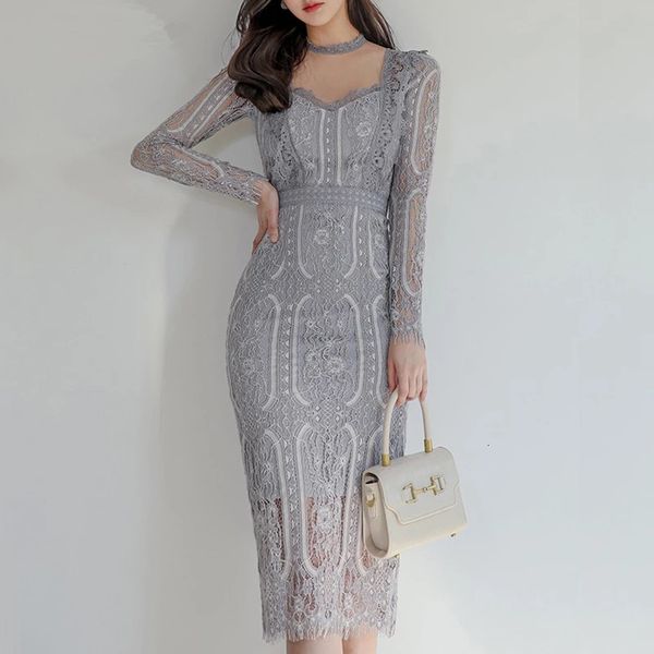 

elegant ladies slim lace package hip 2021 new long sleeve female pencil split dress spring women vestidos femme ltwp, Black;gray