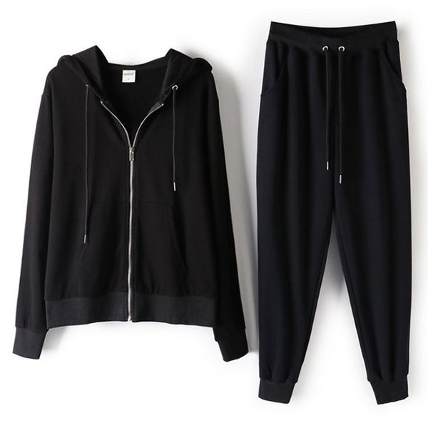 

women casual sports suit loose hoodie sweater sportswear slim fashion temperament large size jacket trousers two-piece suit, Black;brown