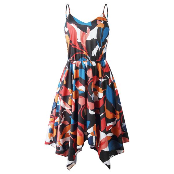

2021 summer fashion print v-neck open back irregular women's suspender dress 101394, Black;gray