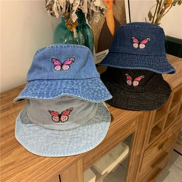 

washed denim cotton bucket hat butterfly embroidery panama fisherman cap 28gd1, Blue;gray