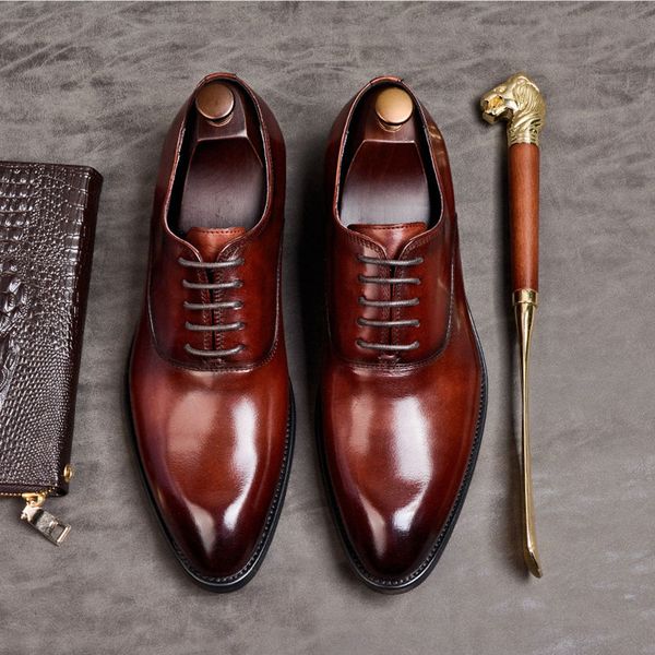 

Genuine Leather Mens Dress Shoes Lace Up Toe Toe Waxing Process Oxford Shoes for Men Wedding Party Formal Shoes Men A001, Black