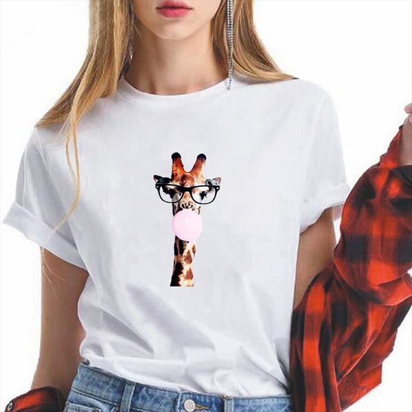 

loose gorgeous style trendy womens vogue giraffe wearing glasses blowing bubbles graphic print, White