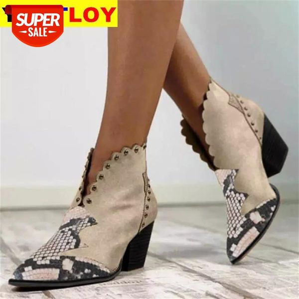 

2020 woman rivet boots female autumn winter pu leather cowboy ankle boots pointed toe women wedge heel booties snake shoes #926i, Black
