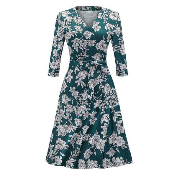 

casual dresses robe longue femme vintage long sleeve v neck flower printed a-line midi dress laides wrap party frocks for women 2021, Black;gray